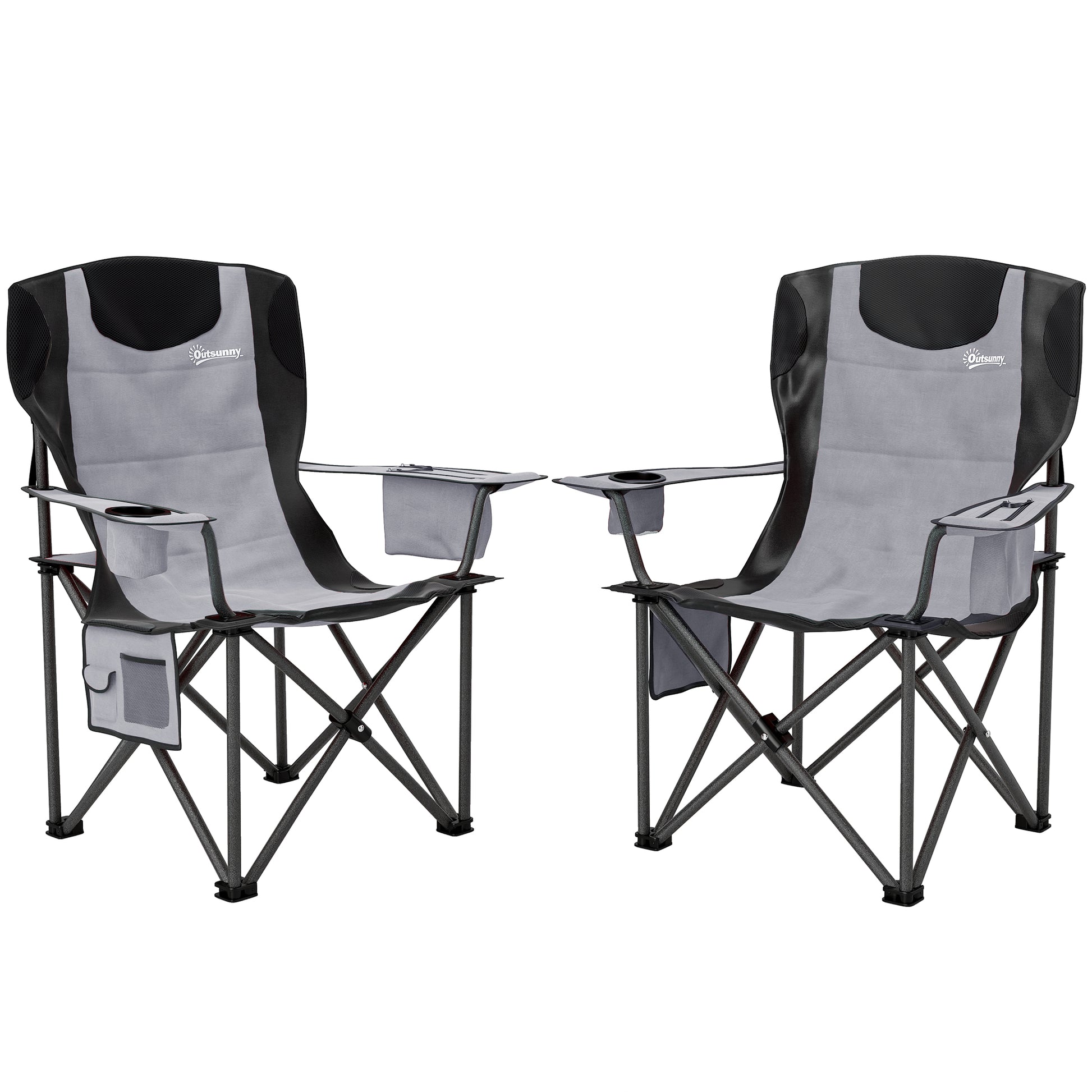 Photo of Outsunny Set of 2 Folding Camping Chairs, Padded Camping Chairs with Adjustable Armrests, Portable & Lightweight Folding Camp Chair with Cooler Bag, Cup Holder and Side Pockets, Grey in Grey colour on a white background