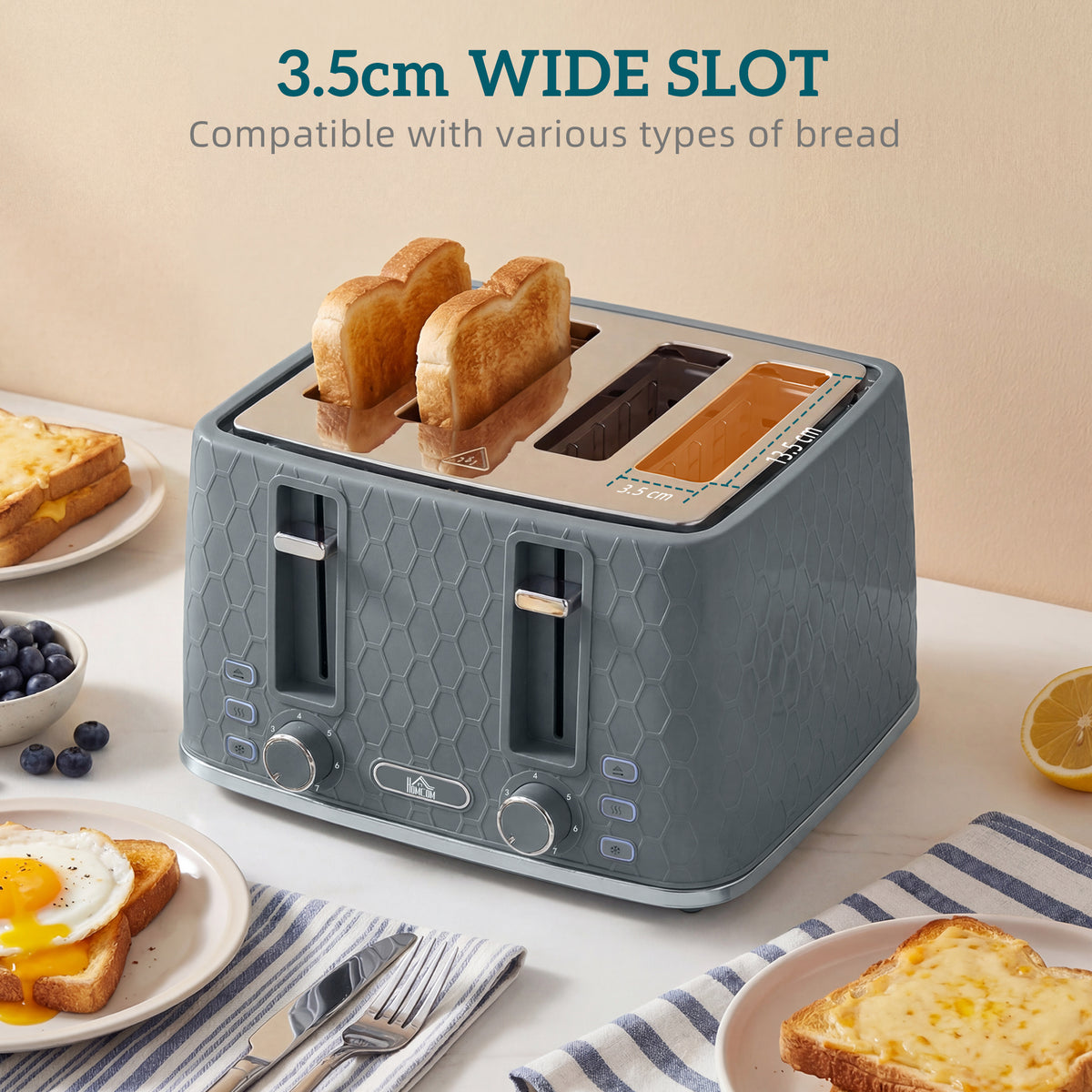 HOMCOM Kettle and Toaster Set, 1.7L 3000W Rapid Kettle with Strix Thermostat, 4 Slice Toaster with 7 Browning Controls, Grey