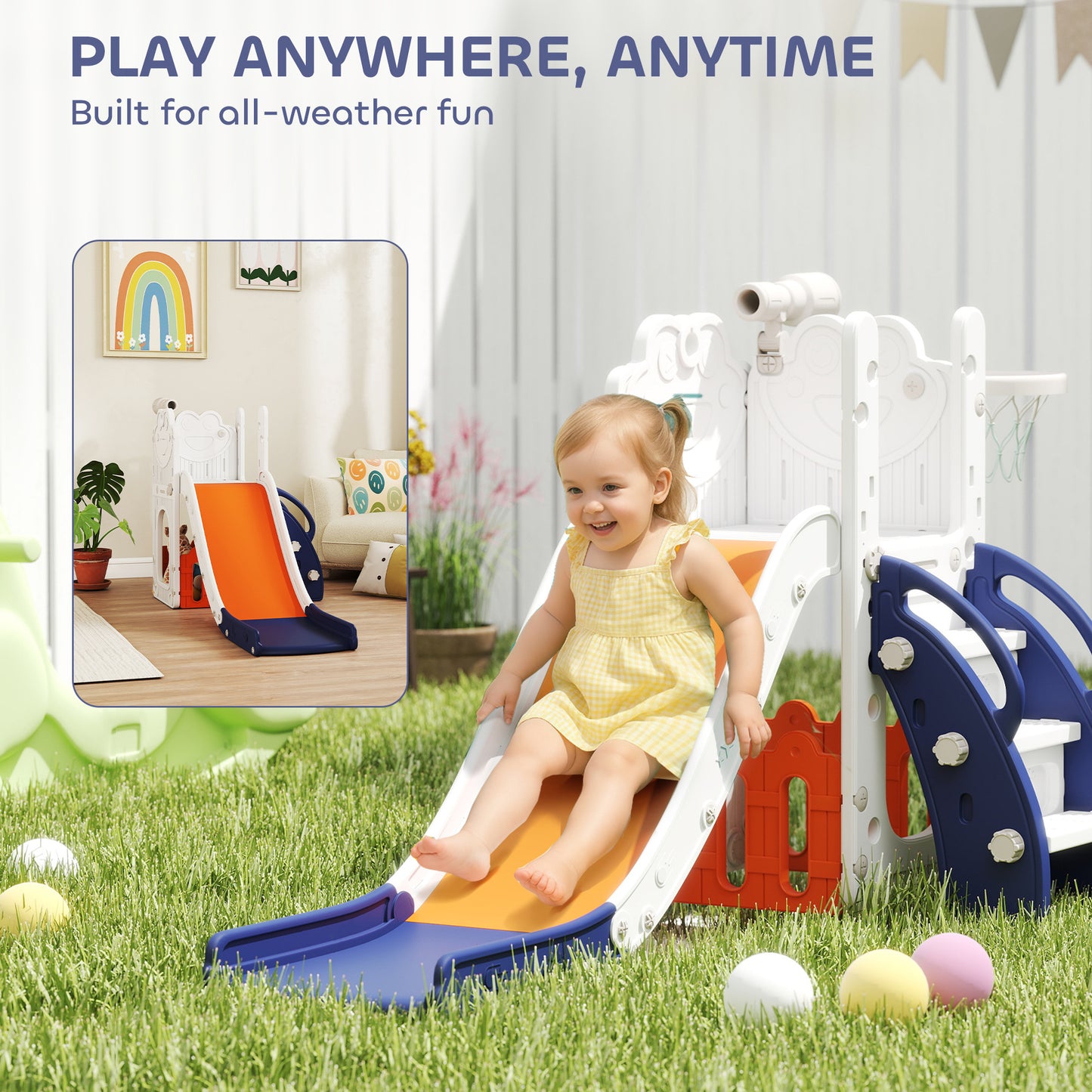 AIYAPLAY 5 in 1 Kids Slide Set with Basketball Hoop, Climbing Frame, Telescope, Storage Box for Toddlers Ages 1-3, Orange