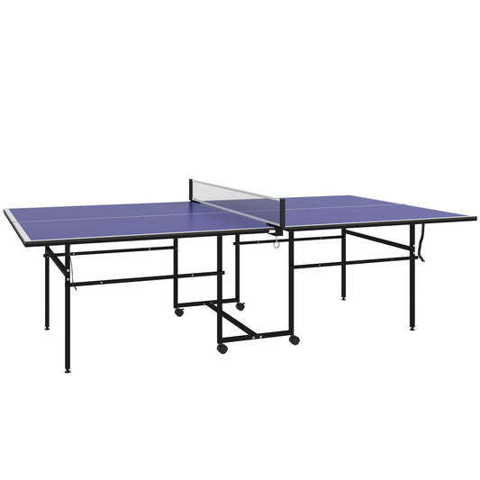 Photo of SPORTNOW 9FT Folding Table Tennis Table with Four Wheels, for Indoor Use, Blue in Blue colour on a white background