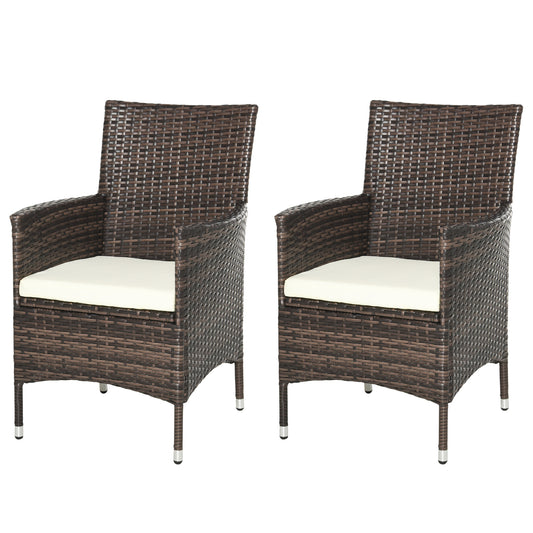 Photo of Outsunny 2 PC Outdoor Rattan Armchair Dining Chair Garden Patio Furniture w/ Armrests Cushions Mixed Brown in Brown colour on a white background