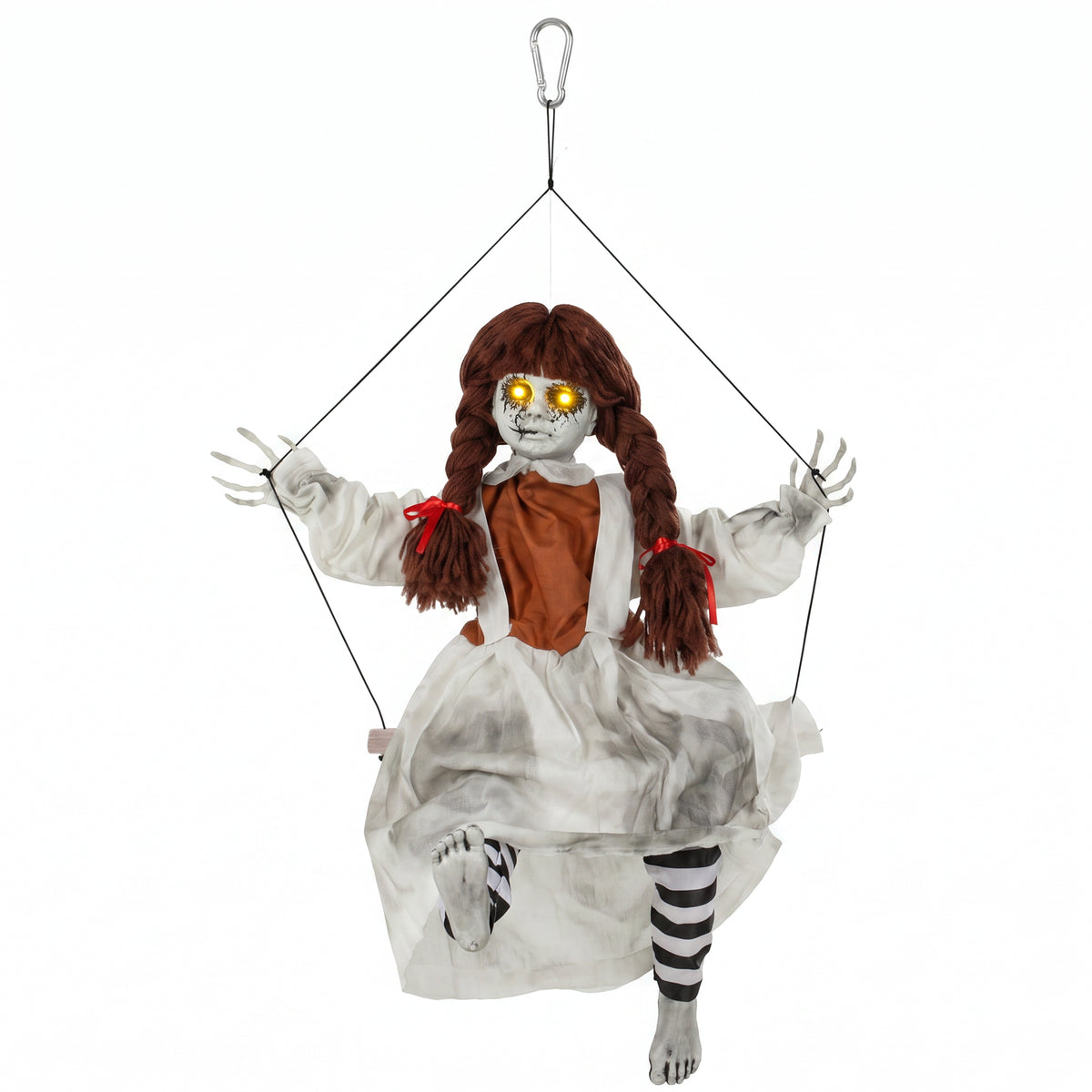 Photo of HOMCOM 80 cm Halloween Animated Hanging Creepy Girl on Swing Decoration, Kicking Legs, Sound and Touch Activated in Activated colour on a white background