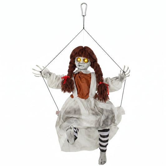 Photo of HOMCOM 80 cm Halloween Animated Hanging Creepy Girl on Swing Decoration, Kicking Legs, Sound and Touch Activated in Activated colour on a white background