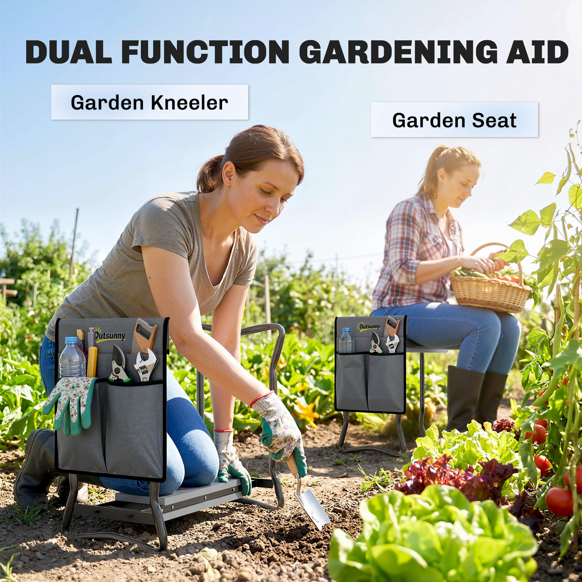 Outsunny garden kneeler used as a seat and kneeling aid, with attached tool bag