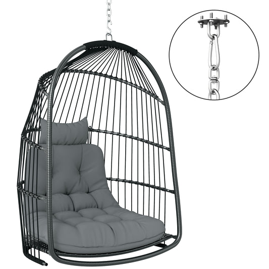 Photo of Outsunny Hanging Egg Chair, Foldable Rattan Garden Swing Chair with Installation Kit, Thickened Cushion and Headrest, Indoor Outdoor Hanging Egg Basket Seat for Patio, Porch, Dark Grey in Grey colour on a white background