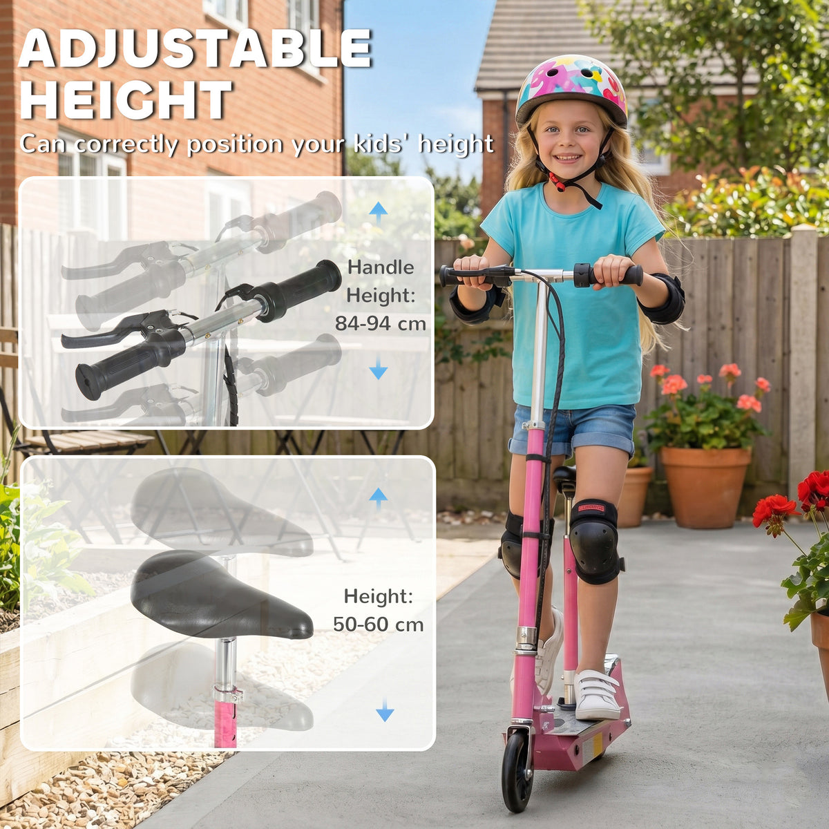 Child riding the pink scooter with adjustable handlebar and seat