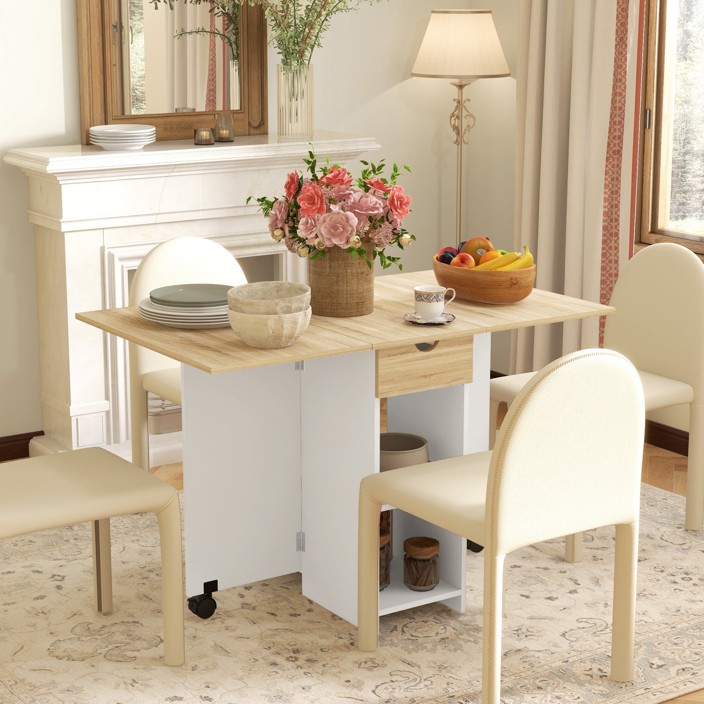HOMCOM Folding Dining Table, Drop Leaf Table for Small Spaces, Foldable Table with Drawer and Storage Shelves for Kitchen, Dining Room, Oak