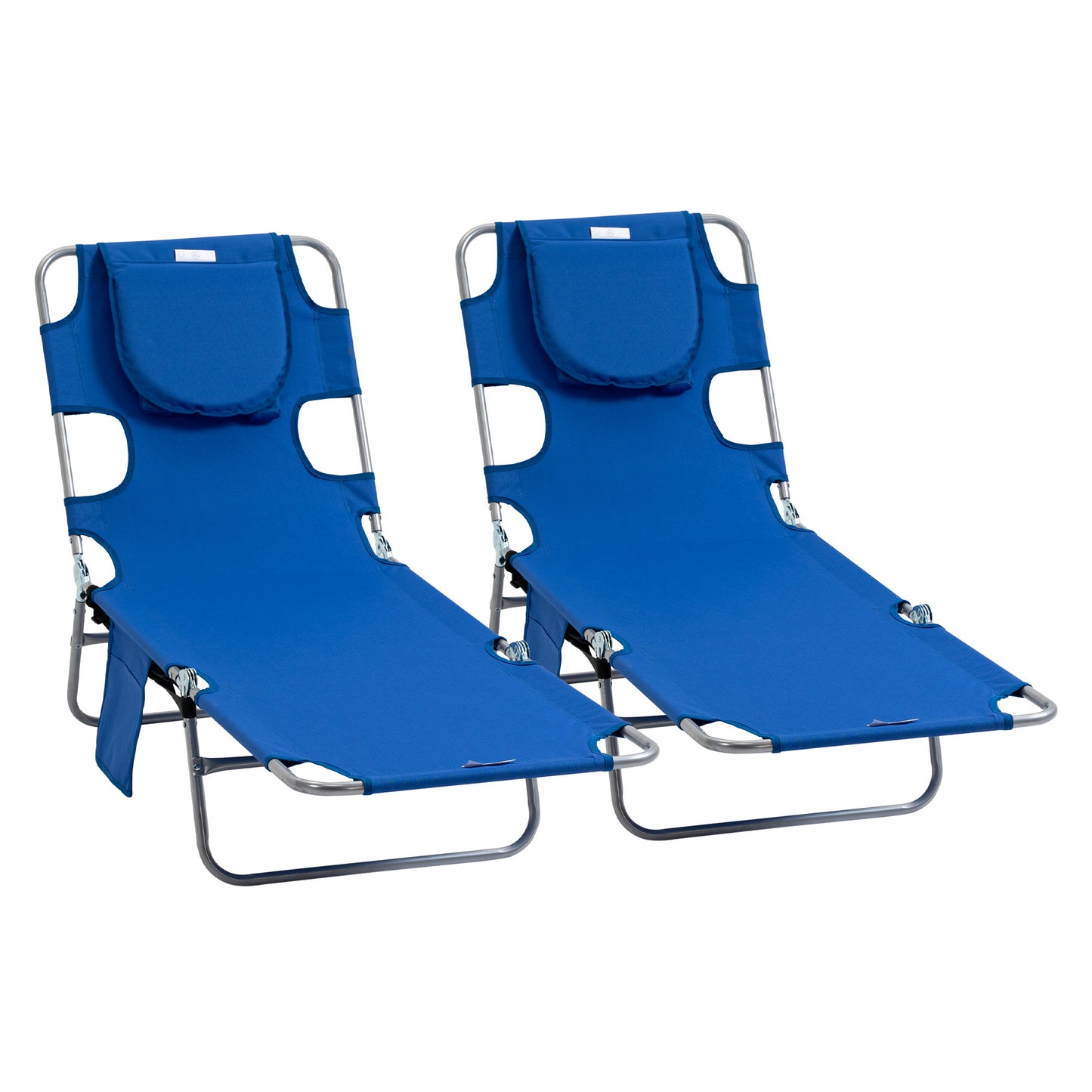 Photo of Outsunny 2 Pieces Foldable Sun Lounger with Reading Hole, Portable Sun Lounger with 5 Level Adjustable Backrest, Reclining Lounge Chair with Side Pocket, Headrest Pillow, Blue in Blue colour on a white background