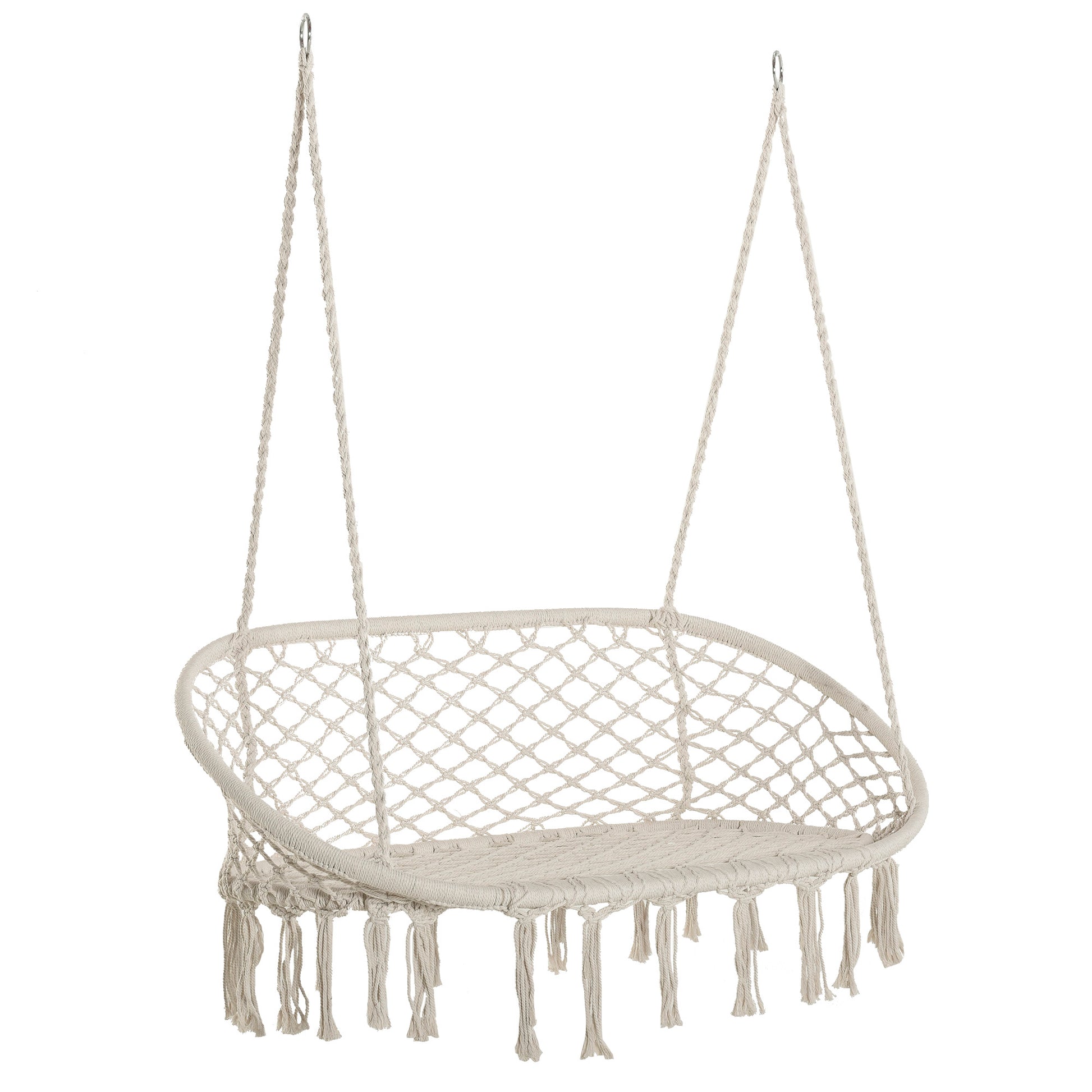 Photo of Outsunny Hanging Hammock Chair Cotton Rope Porch Swing with Metal Frame, Large Macrame Seat for Patio, Garden, Bedroom, Living Room, Cream White in White colour on a white background