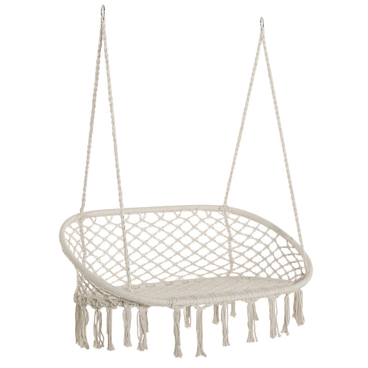 Photo of Outsunny Hanging Hammock Chair Cotton Rope Porch Swing with Metal Frame, Large Macrame Seat for Patio, Garden, Bedroom, Living Room, Cream White in White colour on a white background