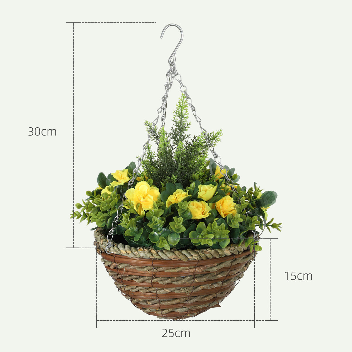 Hanging flower basket with yellow blooms, green foliage, a woven pot, and size dimensions