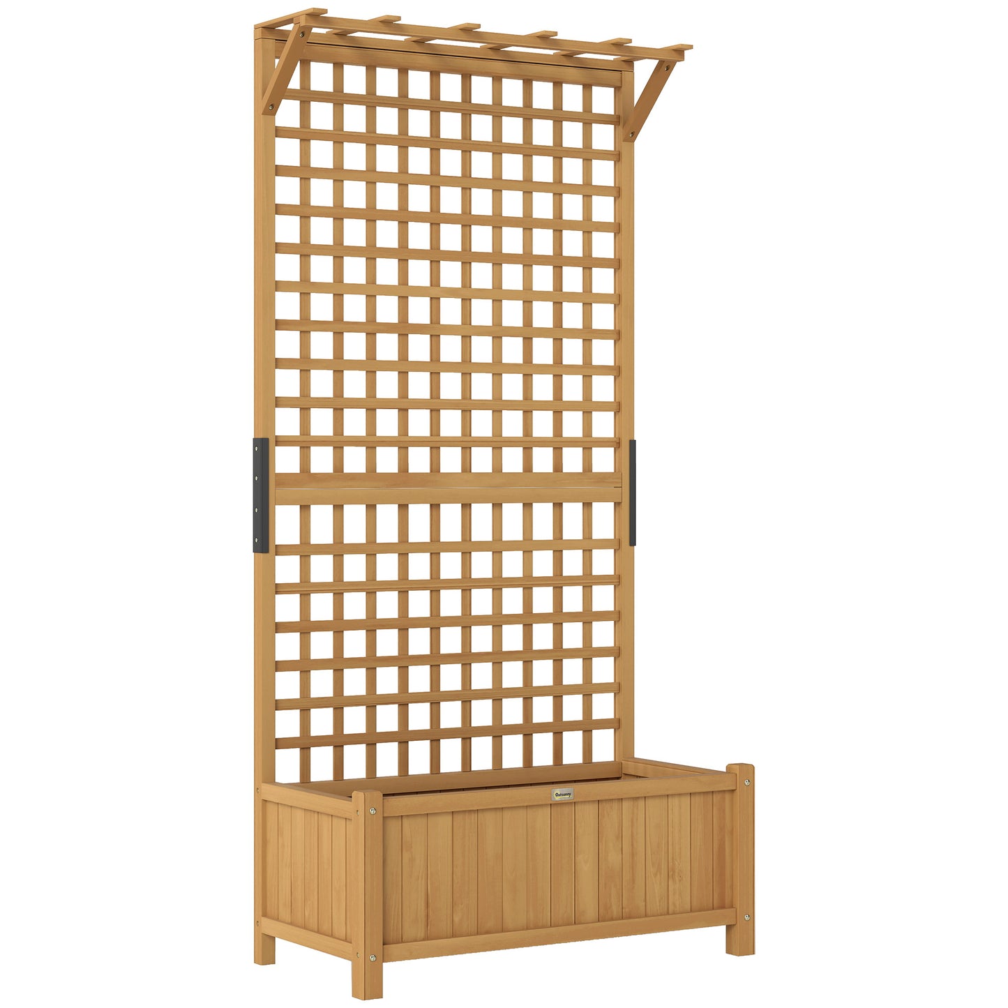 Photo of Outsunny Raised Bed with Drainage Holes, Wood Planter with Trellis for Climbing Plants to Grow Vegetables, Flowers, Yellow in Yellow colour on a white background