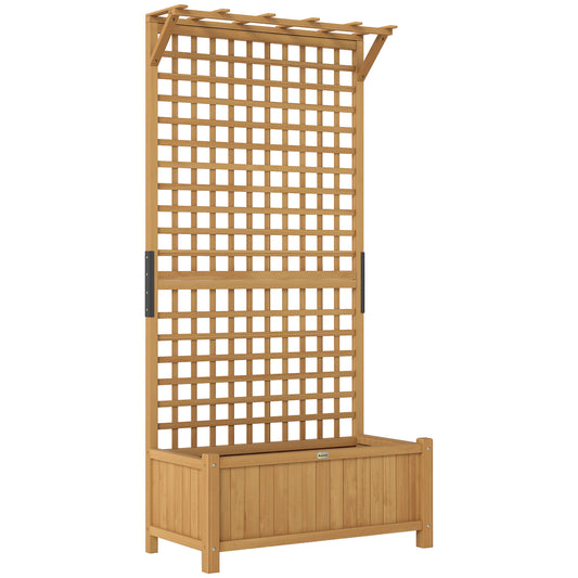 Photo of Outsunny Raised Bed with Drainage Holes, Wood Planter with Trellis for Climbing Plants to Grow Vegetables, Flowers, Yellow in Yellow colour on a white background