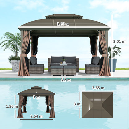 Outsunny hardtop gazebo with double roof and curtains, with dimensions shown