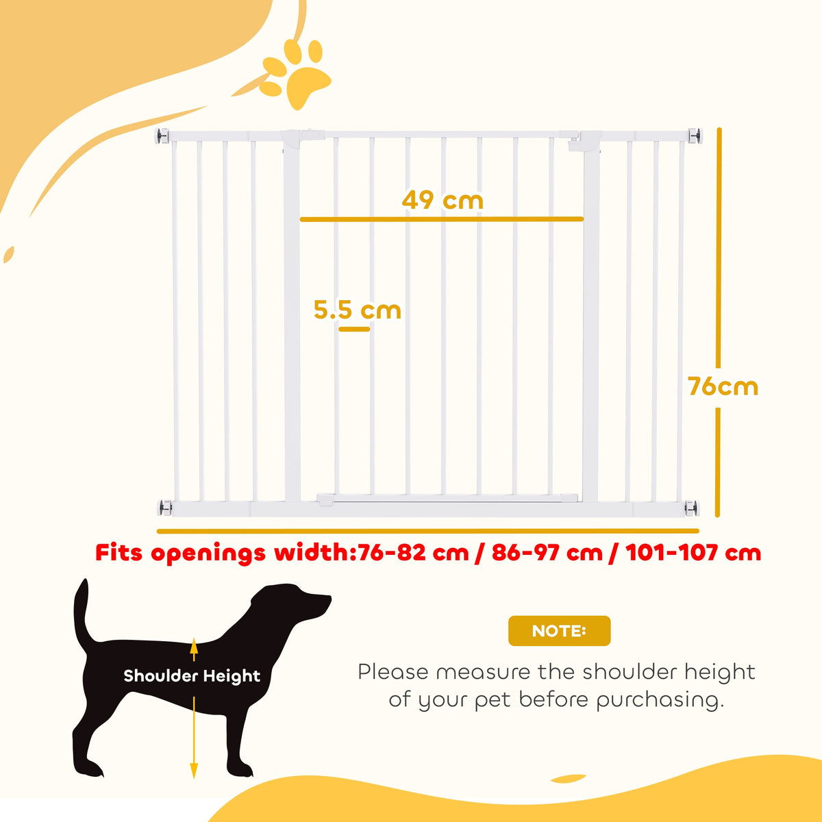 PawHut white pet gate with 76 cm height, 49 cm opening, and 5.5 cm bar spacing