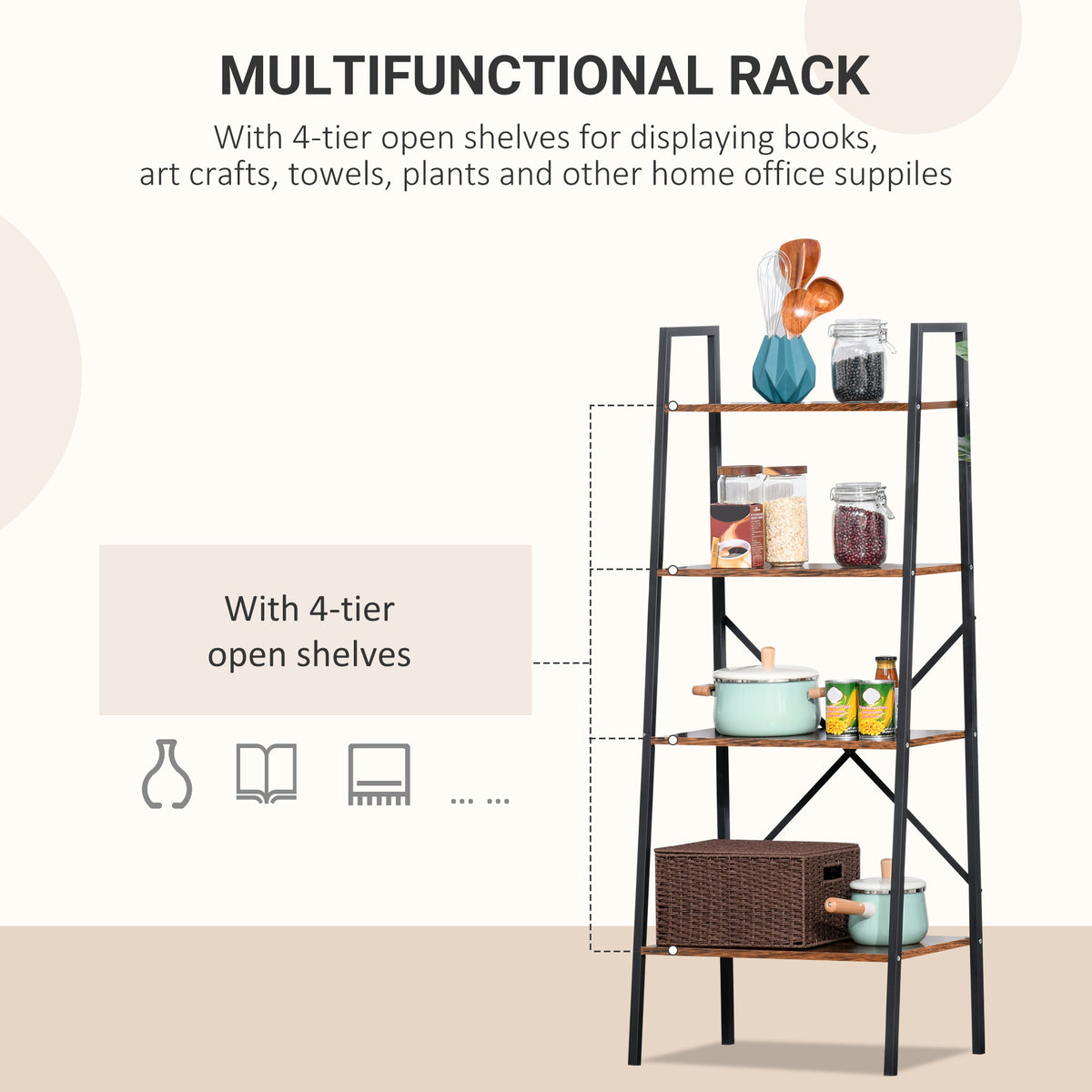 HOMCOM four-tier storage rack shown holding kitchenware and jars