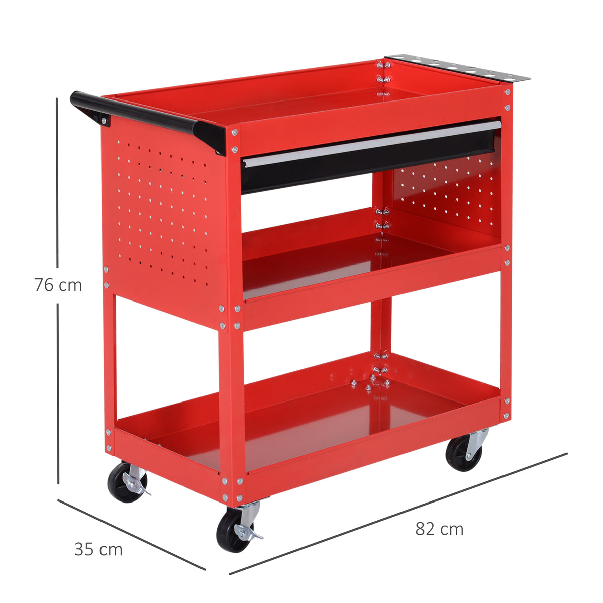 Red three-tier rolling tool trolley with drawer, handle, perforated sides and four casters