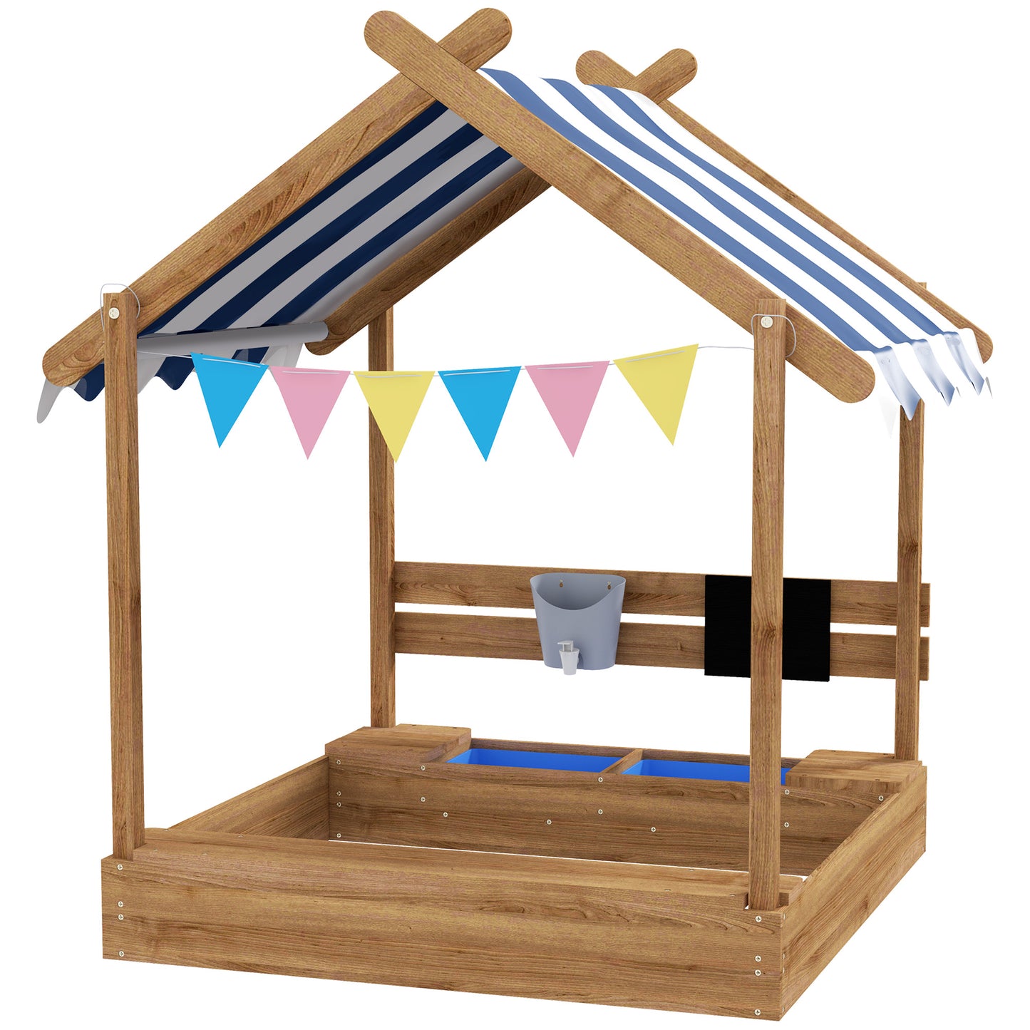Photo of Outsunny House-Designed Wooden Sandbox, Outdoor Sandpit, with Blackboard, Toys, Sink, Seats, Flags, for Ages 3-7 Years - Brown in Brown colour on a white background