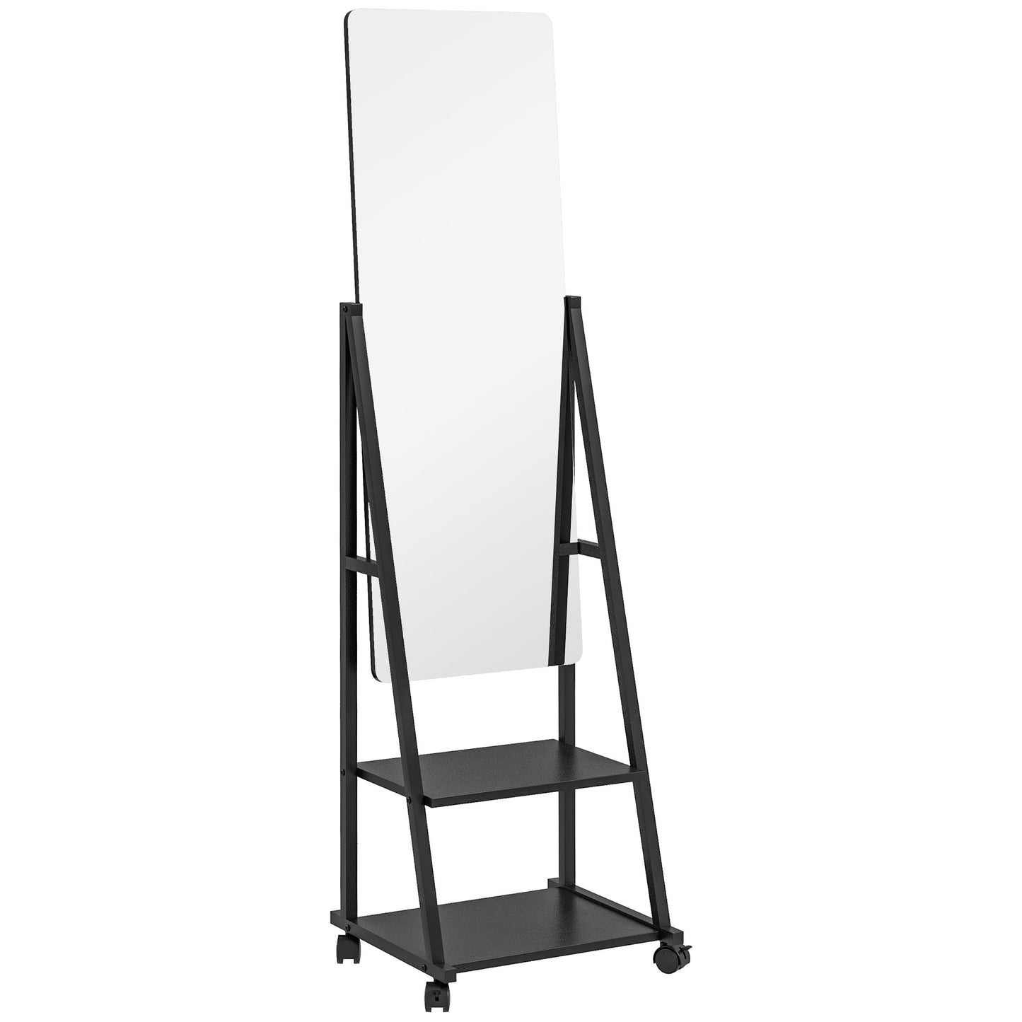 Photo of HOMCOM Free Standing Dressing Mirror, Rolling Full Length Mirror on Wheels with Adjustable Angle, Storage Shelves for Bedroom in Bedroom colour on a white background
