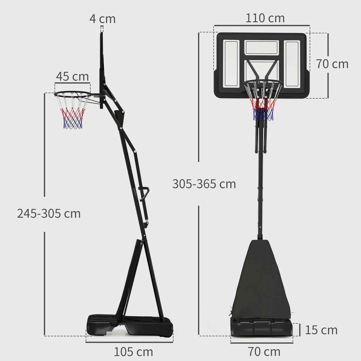 Adjustable basketball stand with side and front dimensions, black backboard, net and weighted base