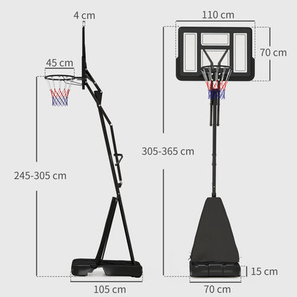 Adjustable basketball stand with side and front dimensions, black backboard, net and weighted base