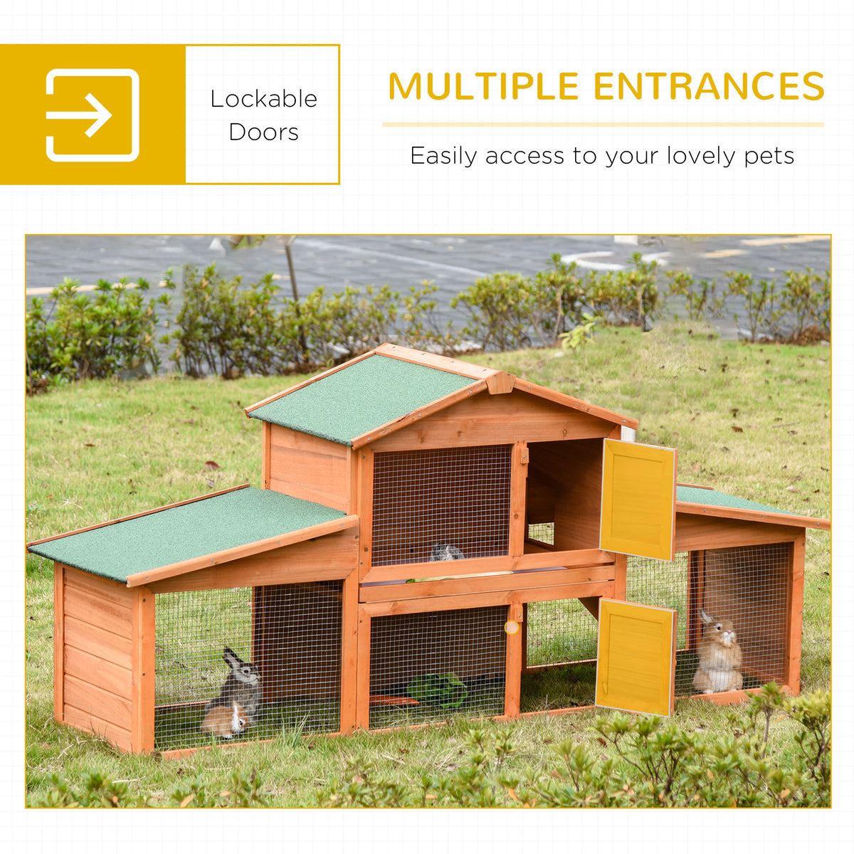 PawHut wooden rabbit hutch with multiple open lockable doors and attached run
