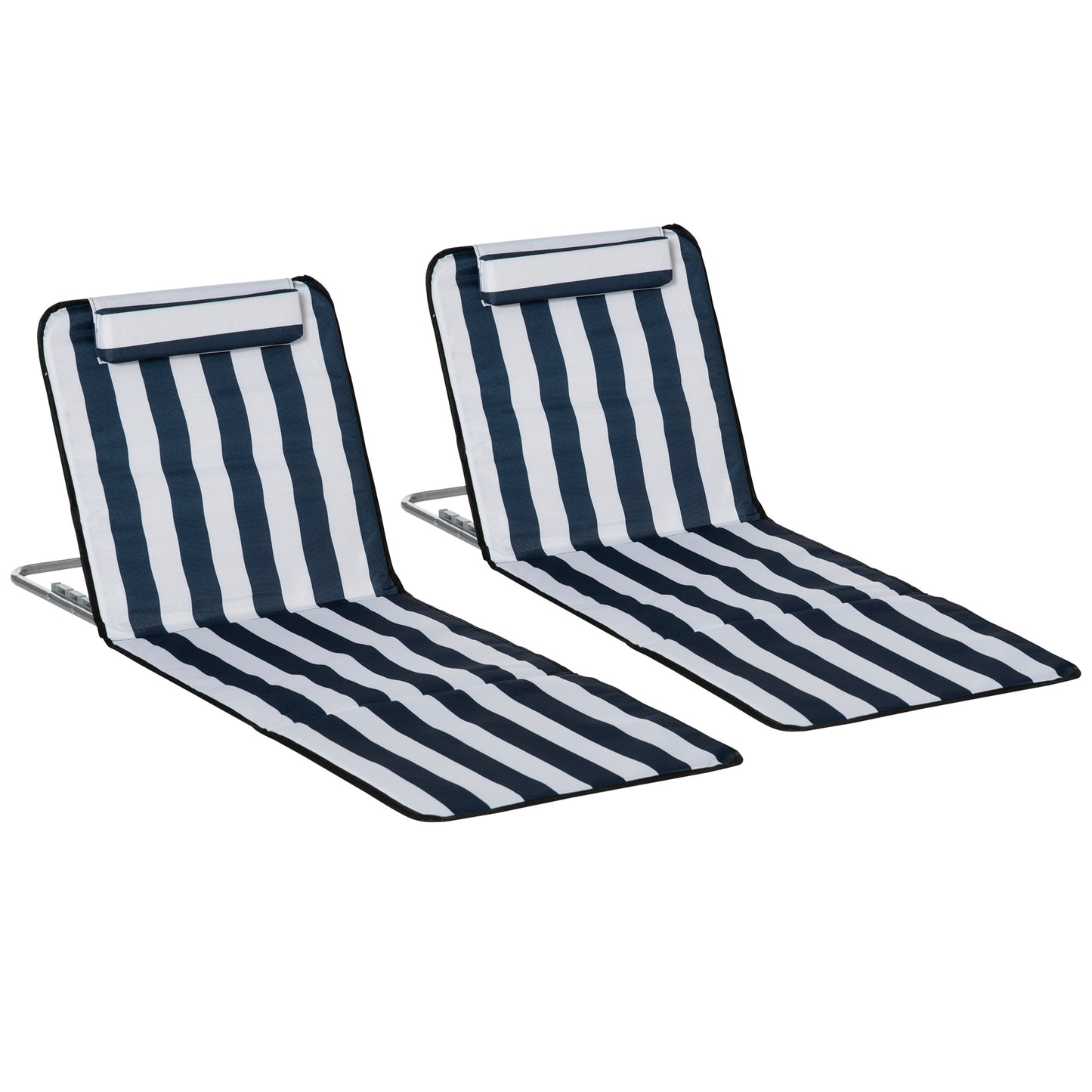 Photo of Outsunny Set of 2 Foldable Garden Beach Chair Mat Lightweight Outdoor Sun Lounger Seats Adjustable Back Metal Frame PE Fabric Head Pillow w/ Carry Bag, Blue in Blue colour on a white background