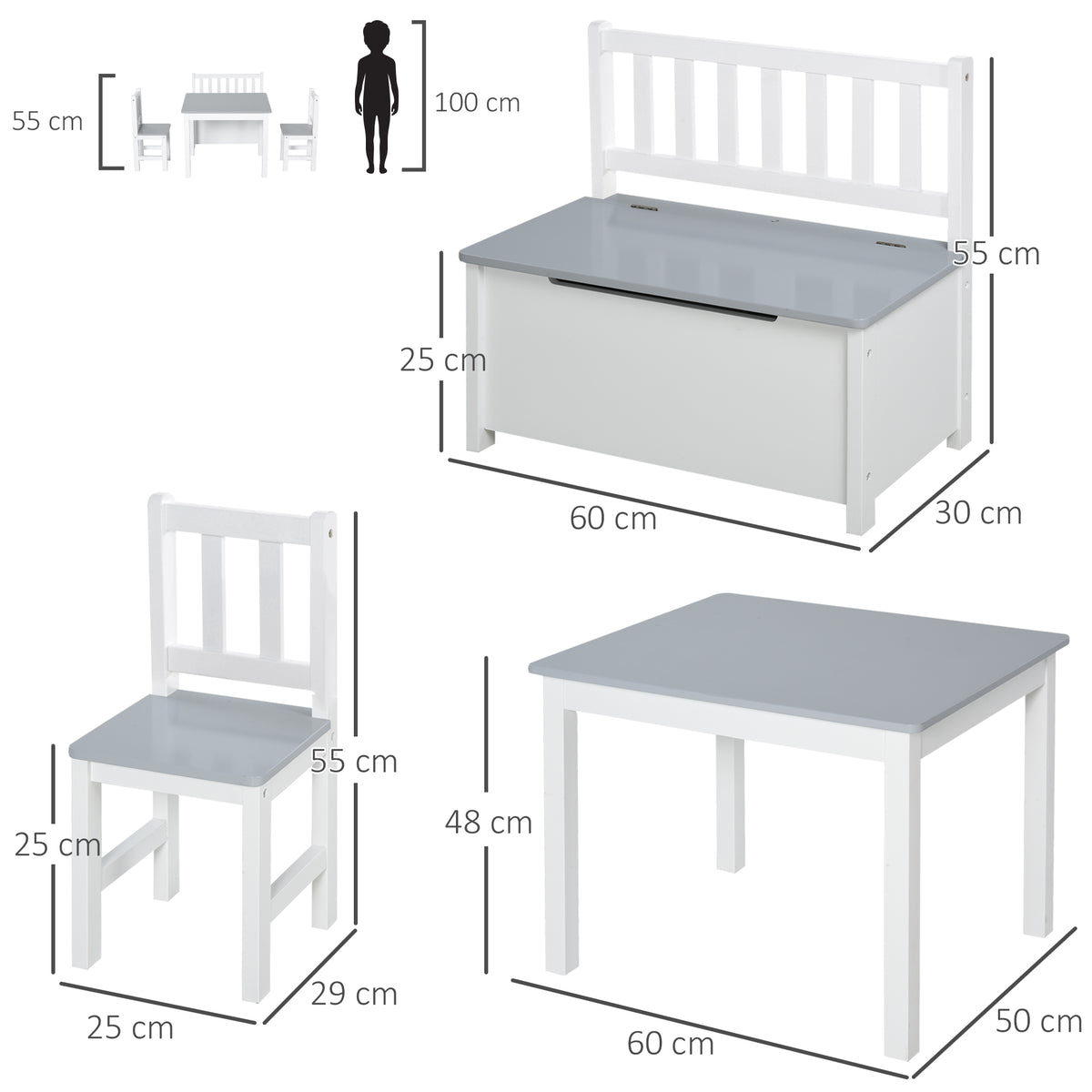 Kids' furniture set dimensions: 60 cm table, two 25 cm seats, and 60 cm storage bench