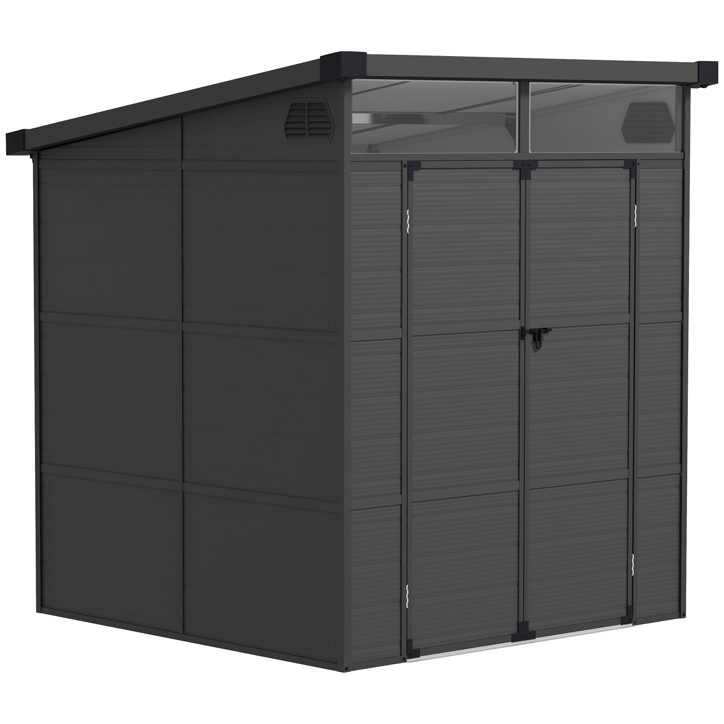 Photo of Outsunny 6 x 6ft Outdoor Storage Shed, Plastic Garden Shed with Windows and Air Vents, Outdoor Resin Tool Shed with Latch Doors for Garden, Deck, Dark Grey in Grey colour on a white background