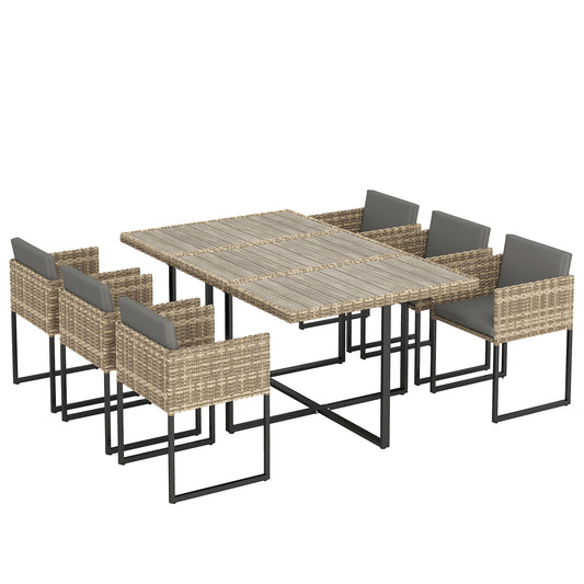 Photo of Outsunny 7 Piece Rattan Garden Furniture Set, Garden Dining Set with Wood-Plastic Table and 6 Stackable Chairs, Light Brown in Brown colour on a white background
