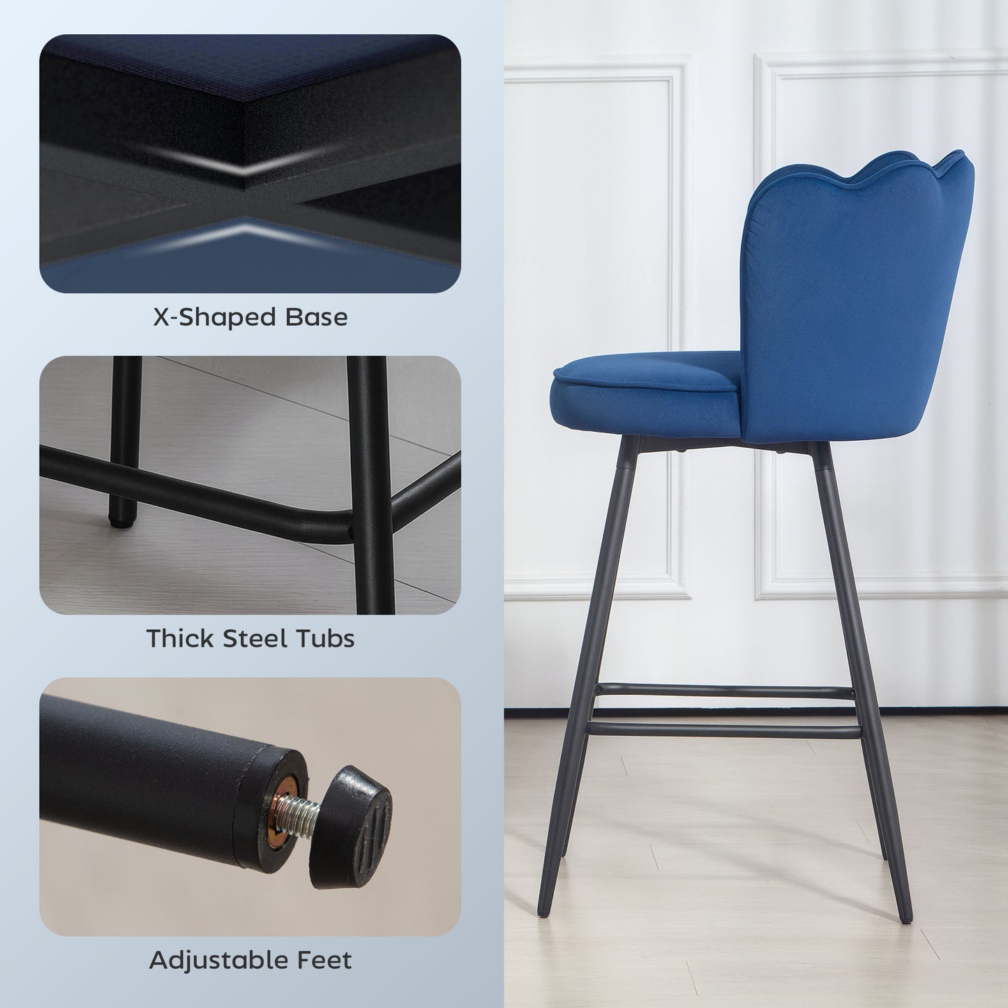 HOMCOM Set of Two Velvet-Feel Lotus Bar Stools - Dark Blue