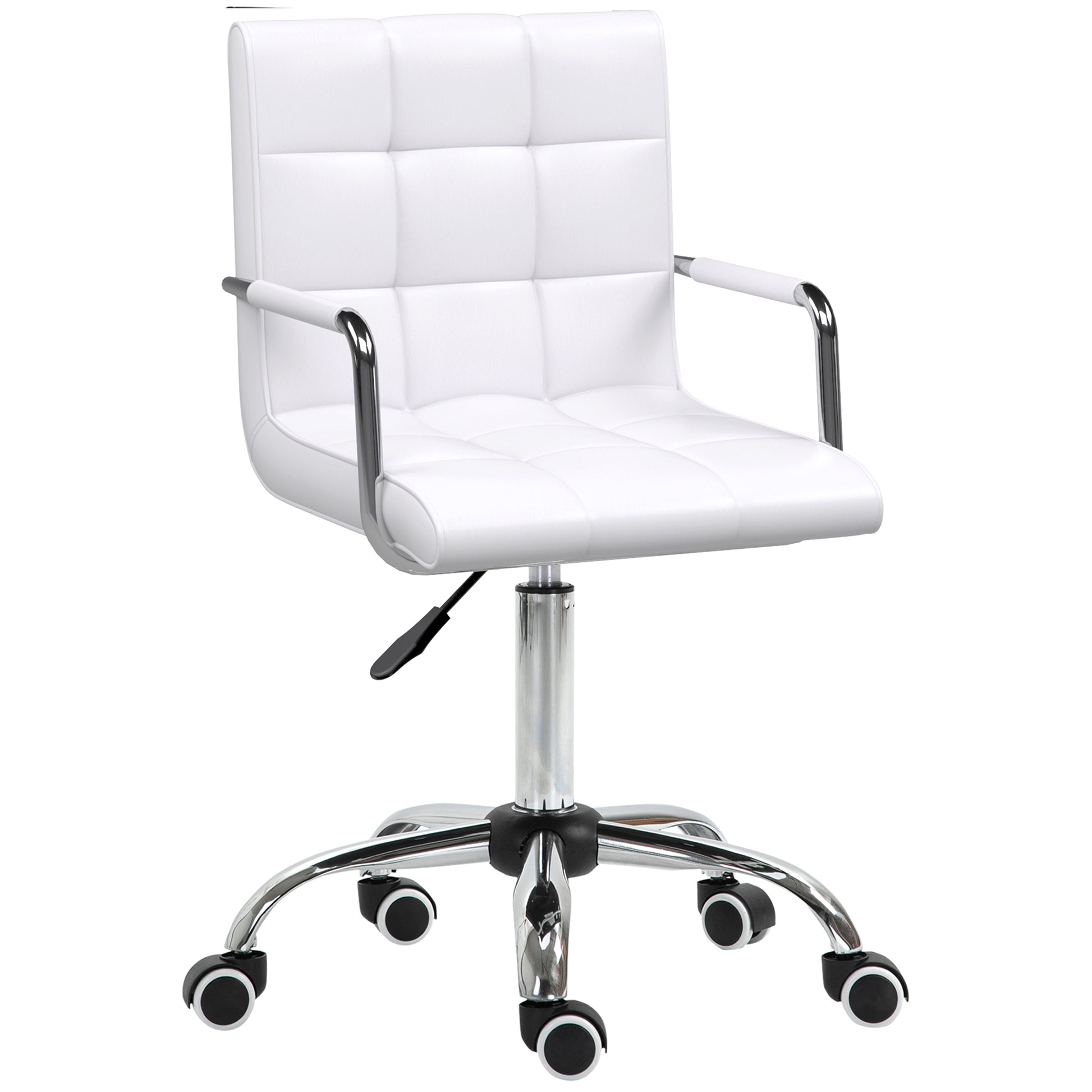 Photo of Vinsetto Makeup Vanity Chair, PU Leather Mid Back Office Chair with Adjustable Height, Armrest and Rolling Wheels, White in White colour on a white background