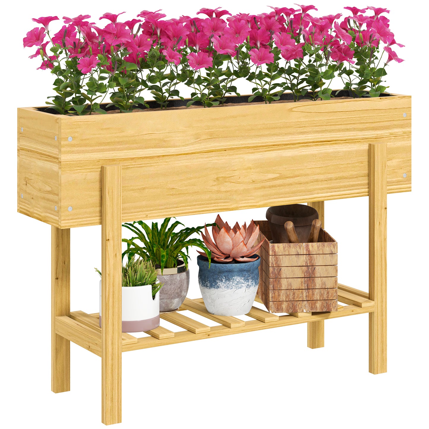 Photo of Outsunny Wooden Raised Garden Bed, Elevated Planter Box with Bed Liner, Drainage Holes and Storage Shelf, Raised Planter for Vegetables, Flowers, Herbs, 100 x 30 x 71 cm, Natural Wood Finish in Finish colour on a white background