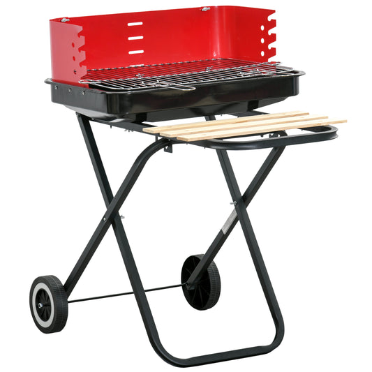 Photo of Outsunny Charcoal Trolley BBQ Barbecue Grill Patio Camping Picnic Garden Party Outdoor Cooking with Windshield and Wheels Side Trays, Black/Red in Black/Red colour on a white background