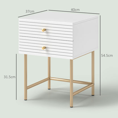 White two-drawer bedside table with gold-tone metal legs and 40 cm width