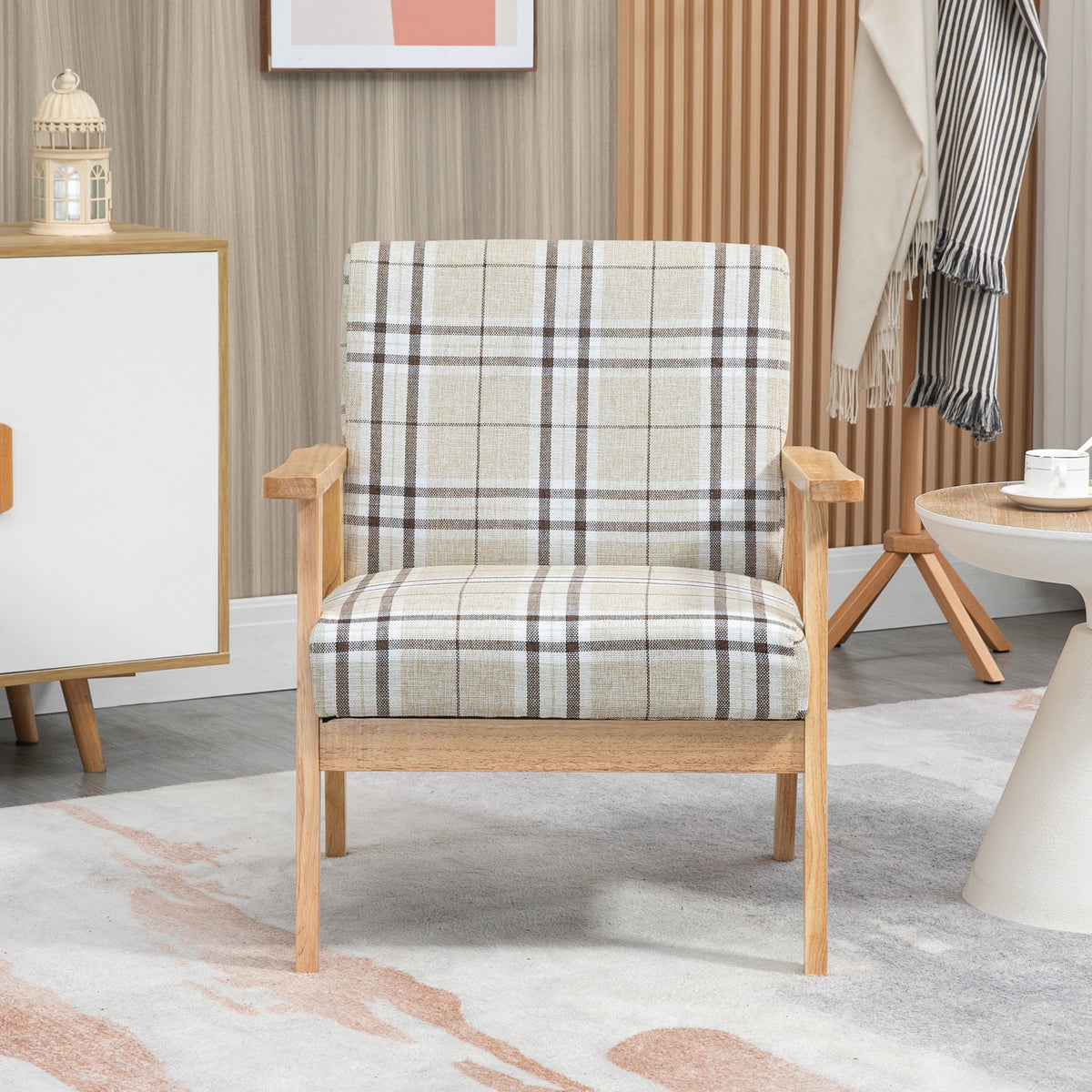 HOMCOM plaid armchair with wooden frame, shown from the front