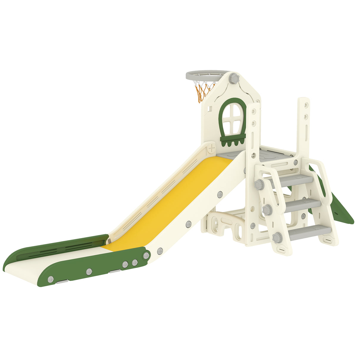 Photo of AIYAPLAY Foldable 5 in 1 Toddler Slide with Ladder, Climbing Wall, Basketball Hoop, Storage and Basketball for 1-3 Years, Cream in Cream colour on a white background