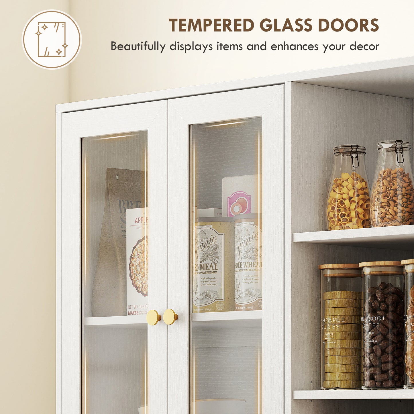HOMCOM Multi-Storage Kitchen Cabinet, with Glass Doors - White Wood-Effect