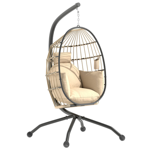Photo of Outsunny Hanging Egg Chair Outdoor Indoor Garden Swing Chair with Folding Basket and Thickened Cushion, Garden Hanging Chair with Stand, Headrest, Cup Holder for Patio, Balcony, Khaki in Khaki colour on a white background
