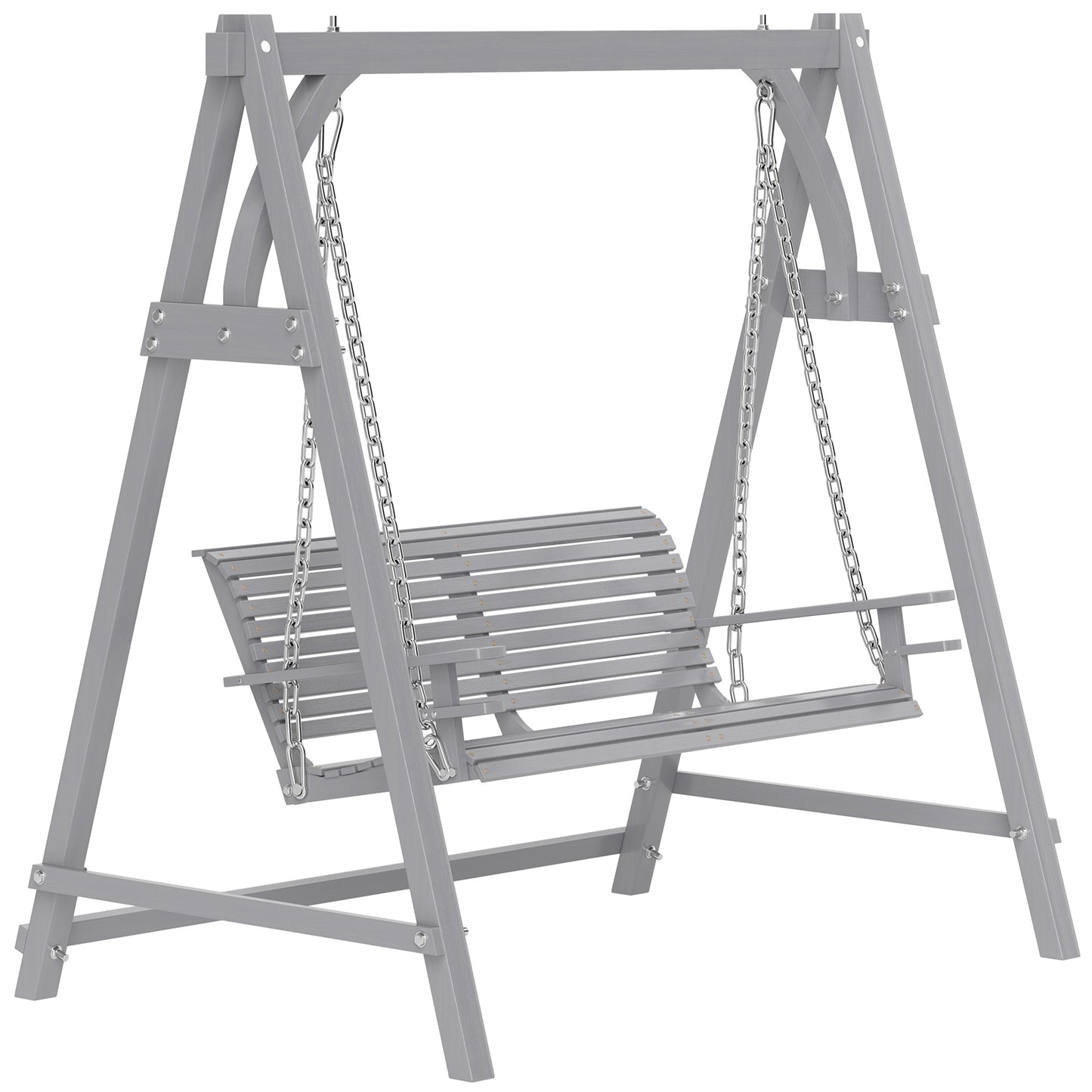 Photo of Outsunny 2 Seater Garden Swing Seat, Wooden Swing Chair Bench with Cup Holders for Outdoor Porch Patio, Grey in Grey colour on a white background