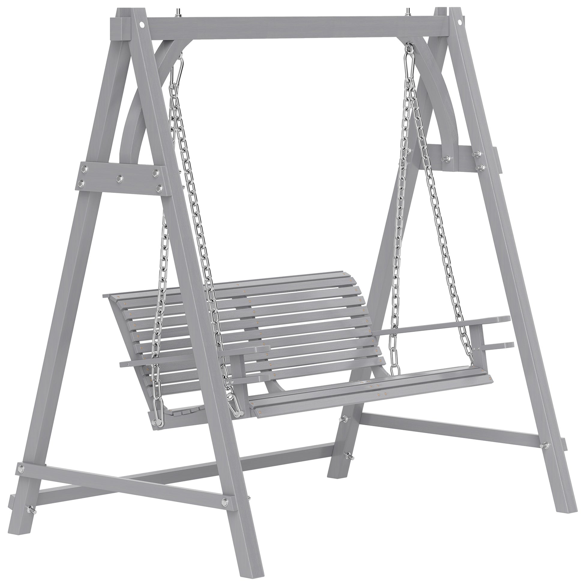 Photo of Outsunny 2 Seater Garden Swing Seat, Wooden Swing Chair Bench with Cup Holders for Outdoor Porch Patio, Grey in Grey colour on a white background