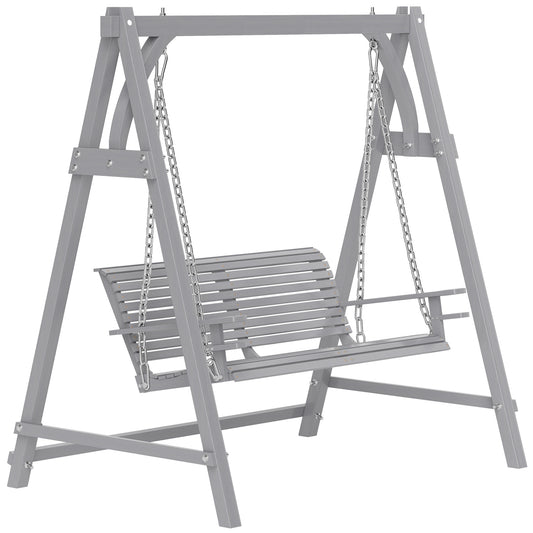 Photo of Outsunny 2 Seater Garden Swing Seat, Wooden Swing Chair Bench with Cup Holders for Outdoor Porch Patio, Grey in Grey colour on a white background