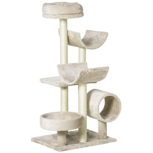 Photo of PawHut Cat Tree for Indoor Cats Kitten Pet Scratching Post Perch Activity Center Scratcher Climb Post Play House Arch with Tunnel 105cm Tall Beige in Beige colour on a white background