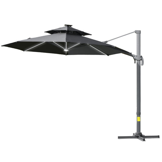 Photo of Outsunny 3m Cantilever Parasol w/ Solar Lights Power Bank Base 360° Spin Dark Grey in Grey colour on a white background