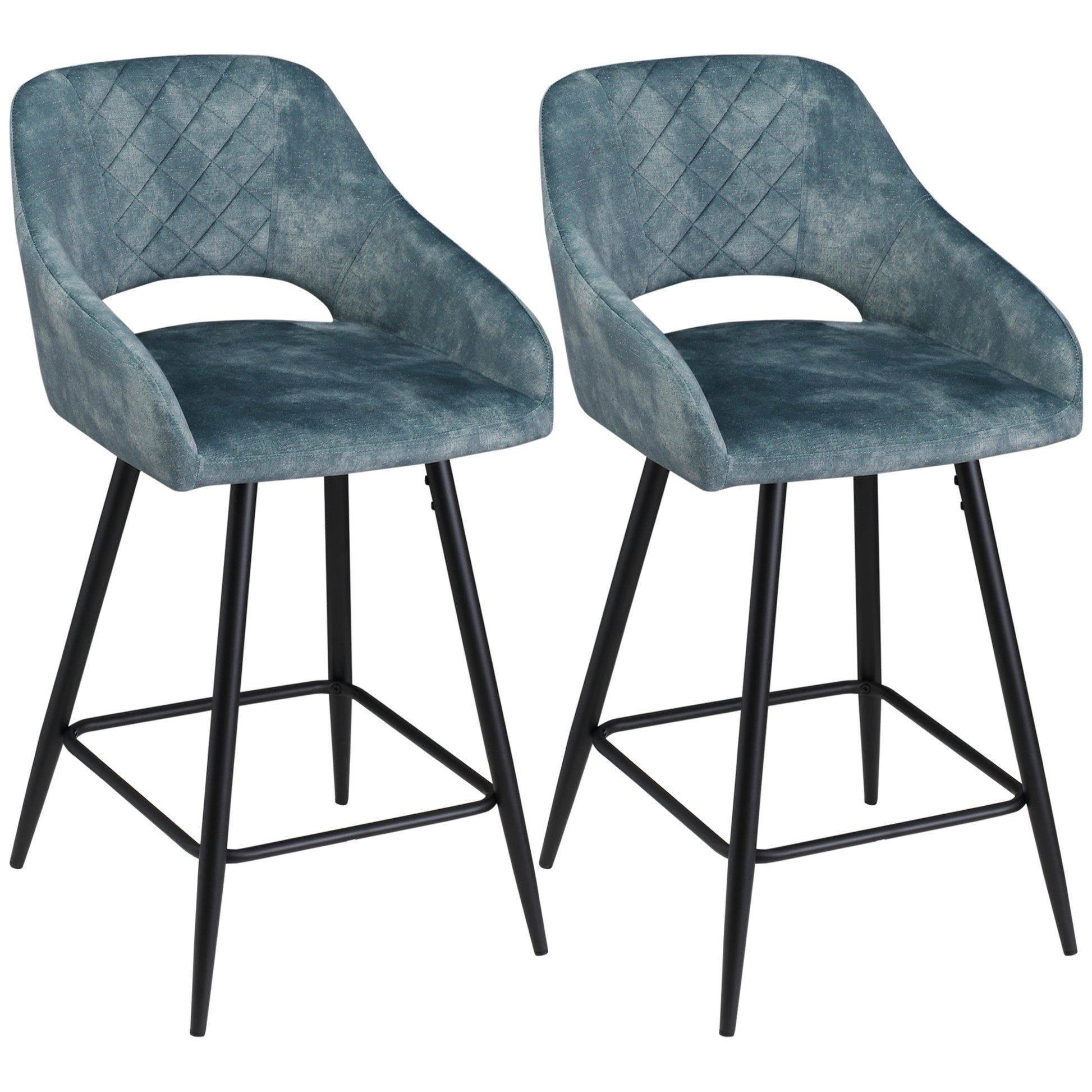 Photo of HOMCOM Bar Stools Set of 2, Velvet-Touch Fabric Counter Height Bar Chairs, Kitchen Stools with Steel Legs for Dining Area, Kitchen Island Barstools, Blue in Blue colour on a white background