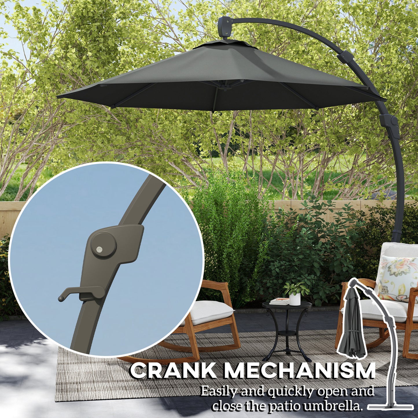 Outsunny 3(m) Garden Cantilever Parasol, Round Overhanging Umbrella with Crank Handle, Cross Base, Aluminium Frame and 360° Rotation, Banana Patio Umbrella for Outdoor Sun Shade, Grey
