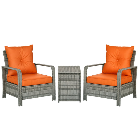 Outsunny orange rattan bistro set with two cushioned armchairs and a storage coffee table