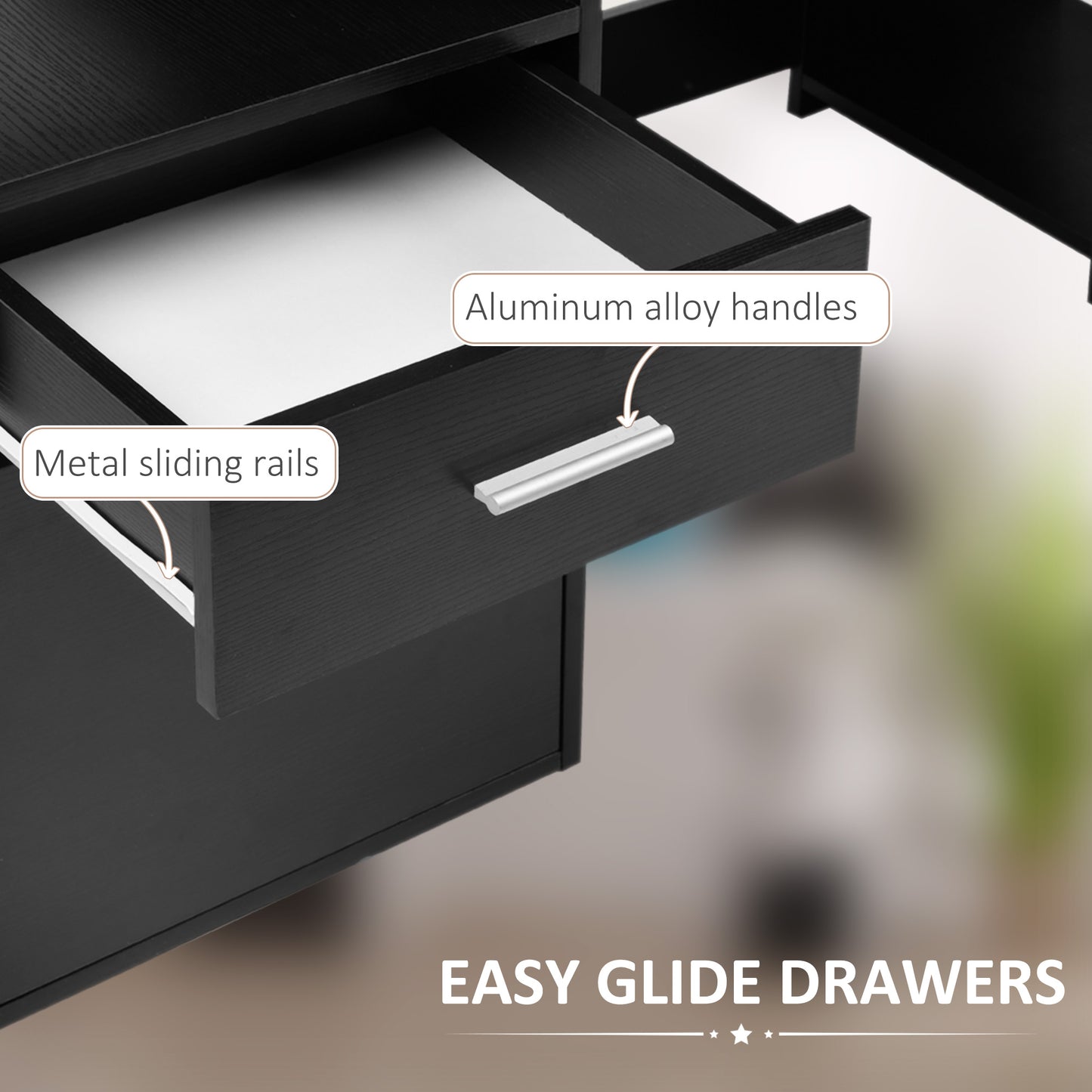 HOMCOM Computer Desk with Drawers and Storage Shelves, Office Desk Writing Table with Printer Stand, Black
