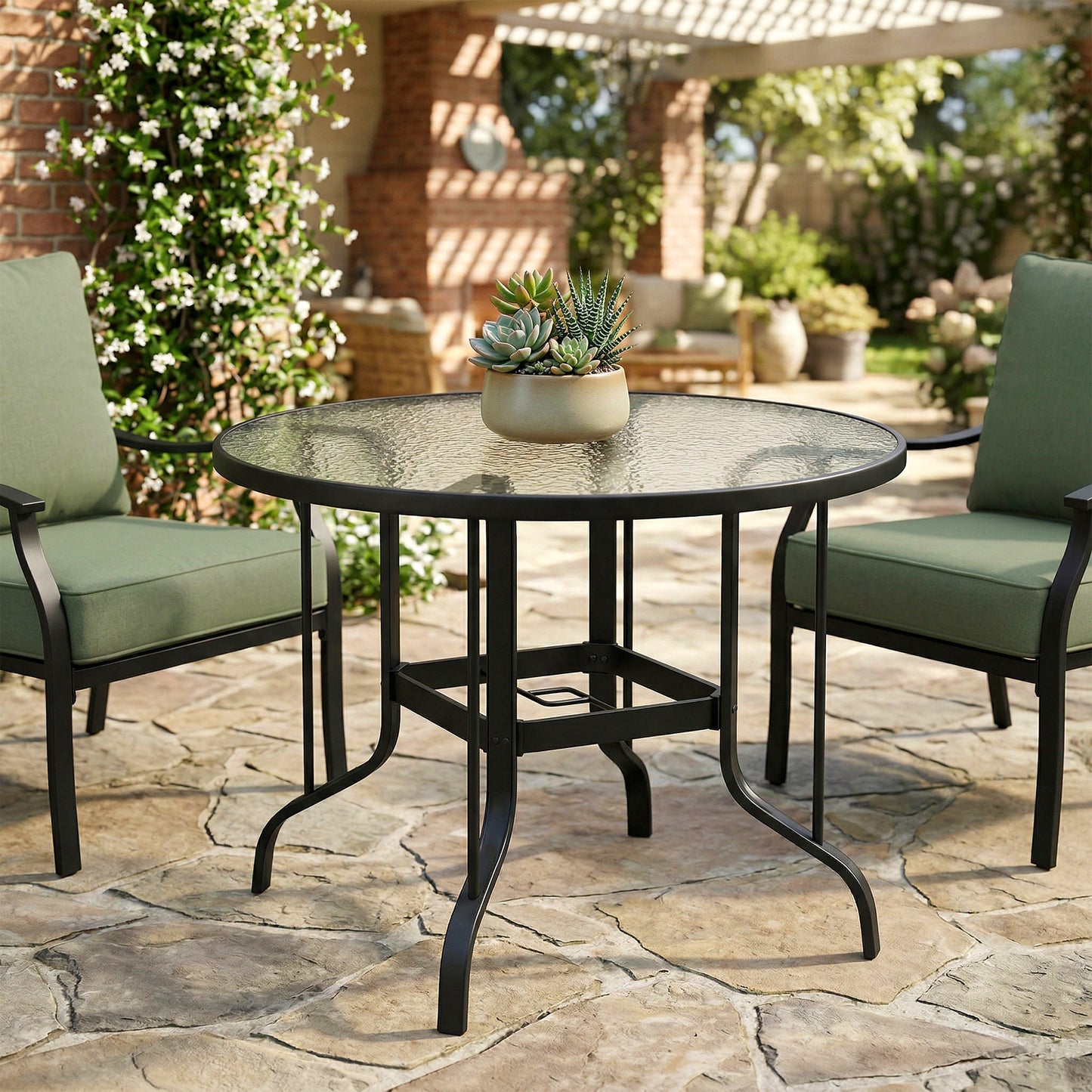 Outsunny Tempered Glass Top Round Outdoor Dining Table with Parasol Hole, 96.5 x 96.5 x 71 cm