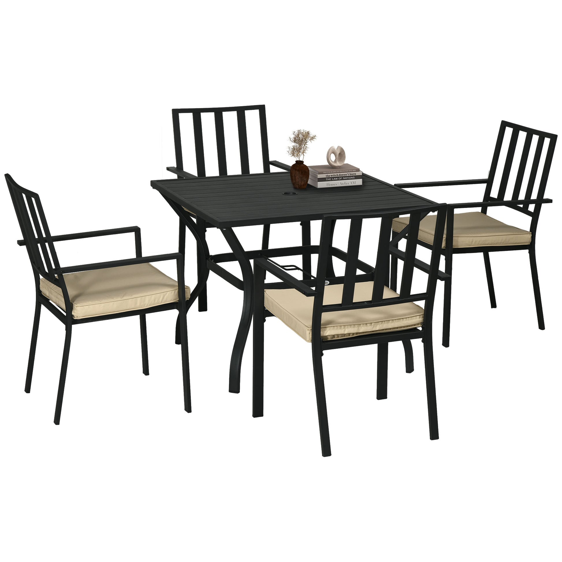Photo of Outsunny 5 Pieces Garden Dining Set with Cushions, Outdoor Patio Table and 4 Stackable Chairs, Metal Top Table with Umbrella Hole, Black in Black colour on a white background
